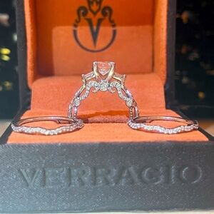 Verragio 7074P engagement ring with two wedding bands. 18k white gold.